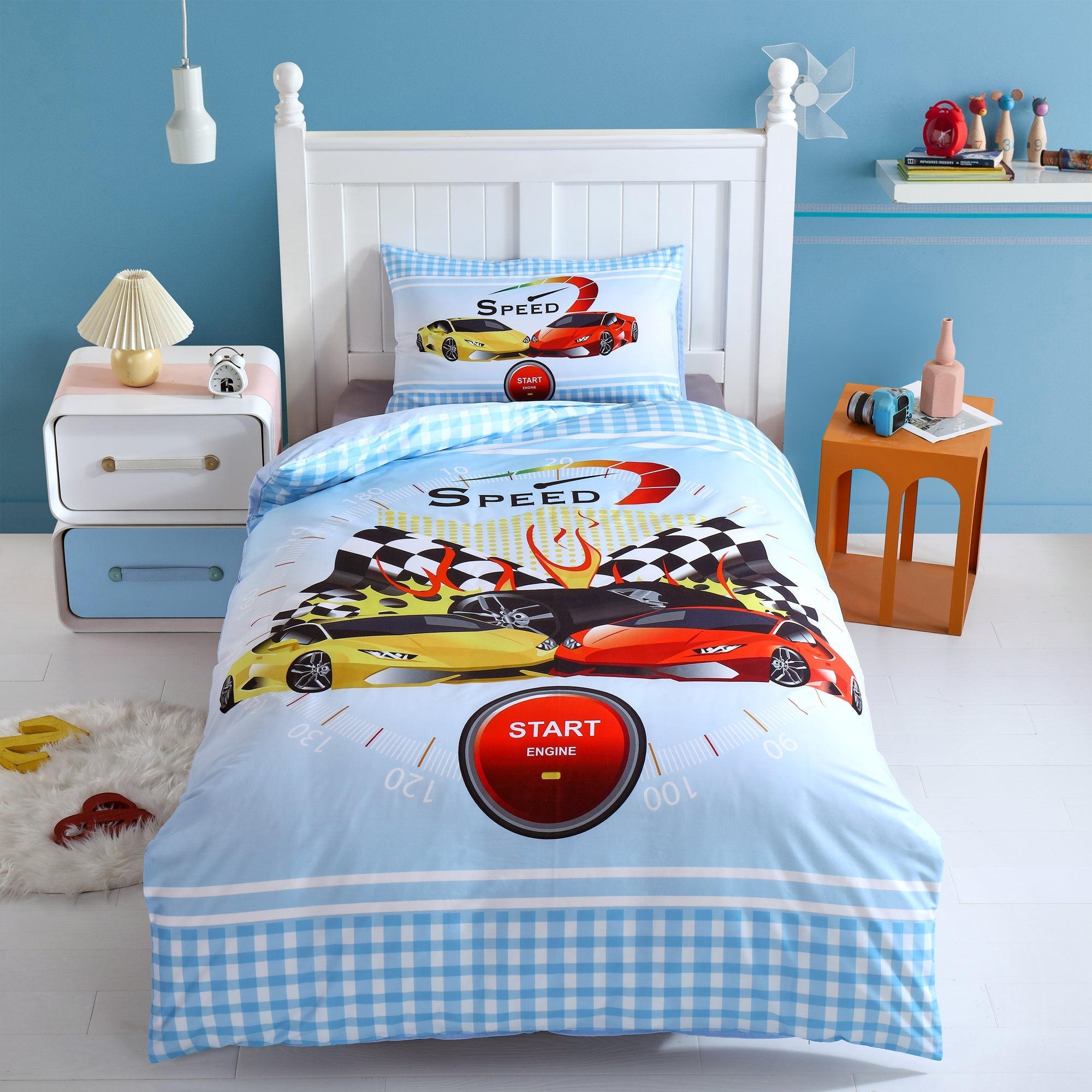 Single Size Kids Cotton Bedding Quilt Cover with Pillow Case - Yellow Red Car