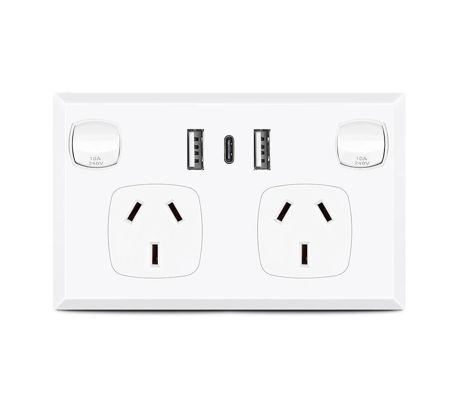 5 Pack - White Double GPO Power Point Socket w/ 2 x USB A & 1 x USB C