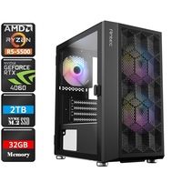 [5500-RTX4060-32G2S-NX200MR-NO] AMD Ryzen 5 5500 RTX 4060 RGB Gaming PC System, 32GB RAM/2TB NVMe SSD/WIFI6