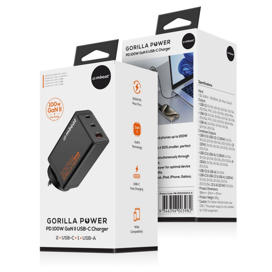 [MB-PD100W2CA-K] mbeat 3 Port Gorilla Power PD 100W GaN II USB-C Charger