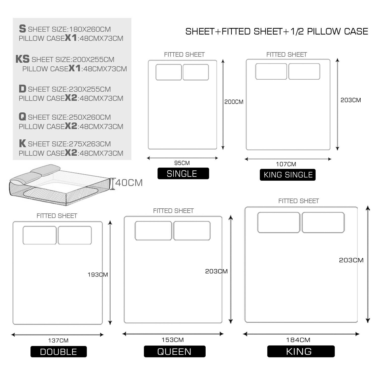 DreamZ Silky Satin Bed Sheet Set Fitted Flat Sheet Pillowcases Double ...