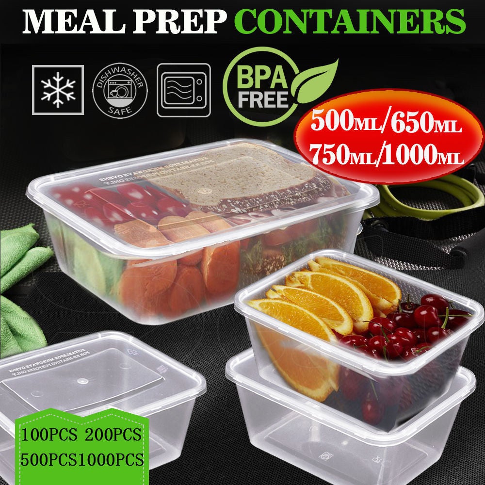 Meal Prep Food Containers Plastic Takeaway Microwave Storage Freezer Box 1000ml 
