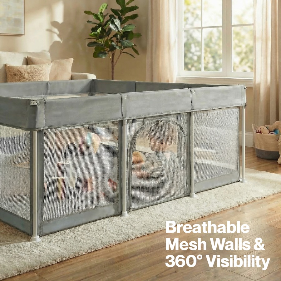 BoPeep 180x180x65cm Foldable Kids Playpen Pop-Up Baby Safety Mesh Fence & Toddler Play Center