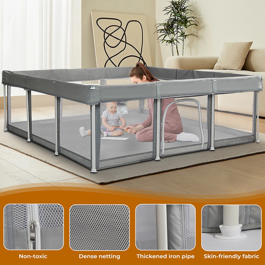 BoPeep 180x180x65cm Foldable Kids Playpen Pop-Up Baby Safety Mesh Fence & Toddler Play Center