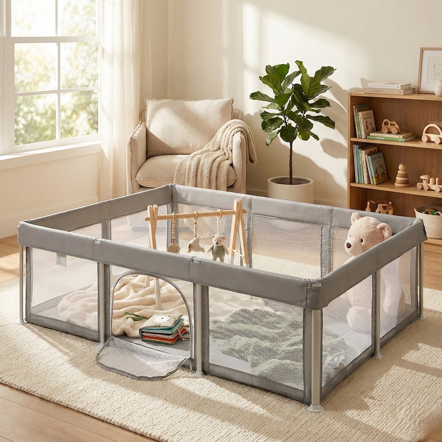 BoPeep 120x180x65cm Foldable Kids Playpen Pop-Up Baby Safety Mesh Fence & Toddler Play Center