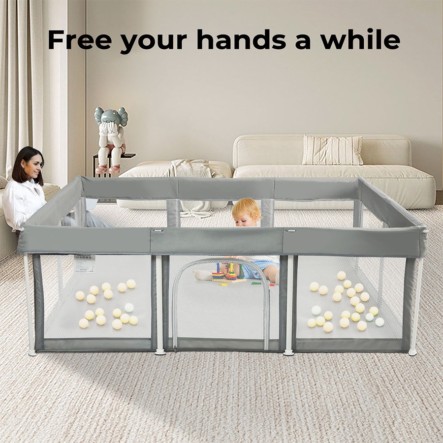 BoPeep 120x180x65cm Foldable Kids Playpen Pop-Up Baby Safety Mesh Fence & Toddler Play Center