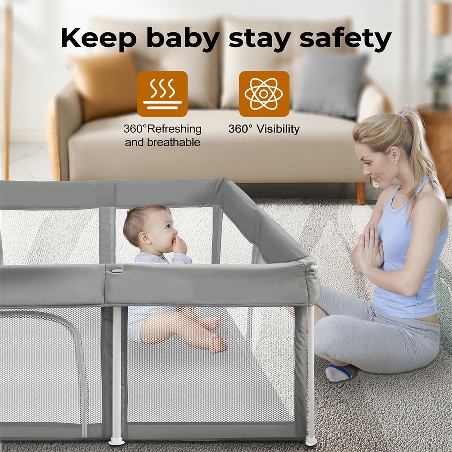 BoPeep 120x180x65cm Foldable Kids Playpen Pop-Up Baby Safety Mesh Fence & Toddler Play Center