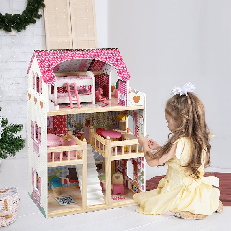 Buy Bopeep Wooden Doll House 3 Floor Kids Girl Dollhouse Full Furniture ...