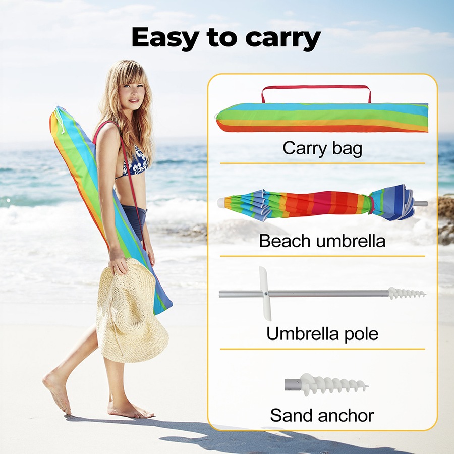 2m Centra Beach Umbrella with Carry Bag - Rainbow Design