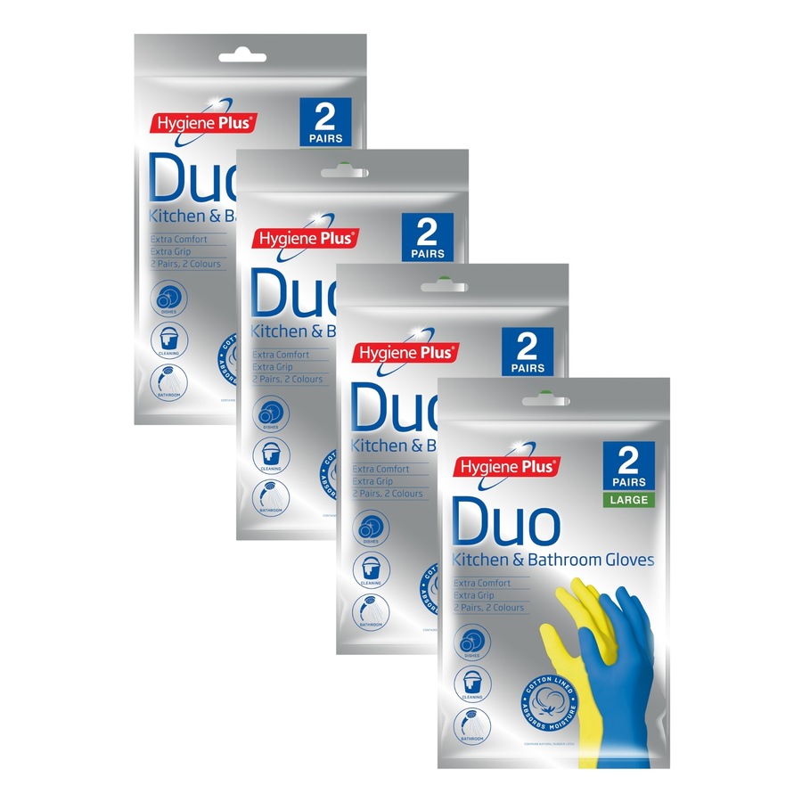 Hygiene Plus Duo Kitchen and Bathroom Gloves 2pk (Large) x4