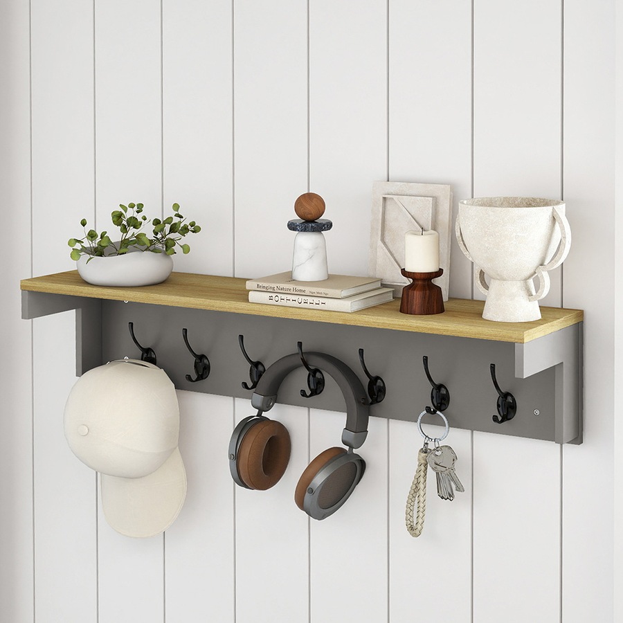 Levede Coat Rack Wall Mounted Shelf 7 Double Hooks Storage Entryway Hallway Grey