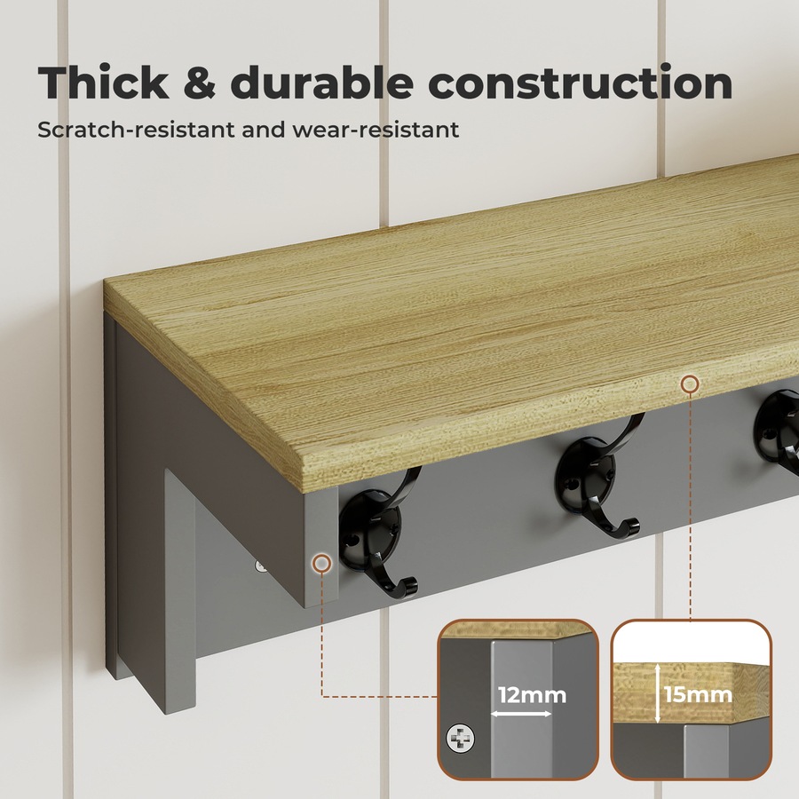 Levede Coat Rack Wall Mounted Shelf 7 Double Hooks Storage Entryway Hallway Grey