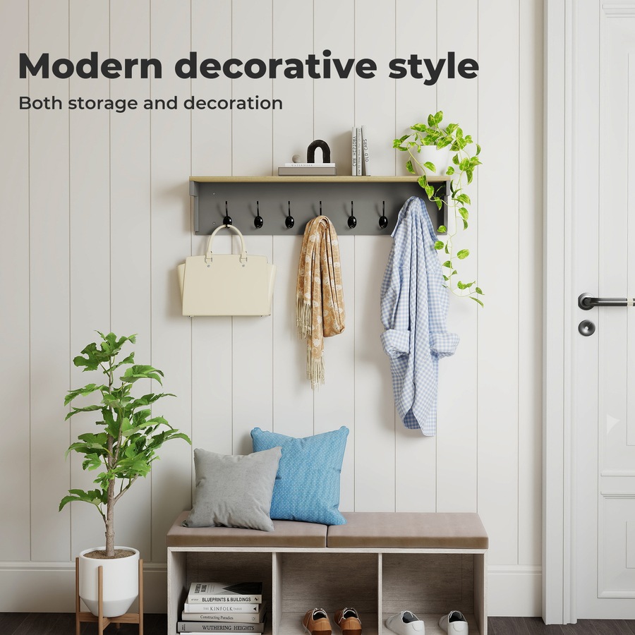 Levede Coat Rack Wall Mounted Shelf 7 Double Hooks Storage Entryway Hallway Grey