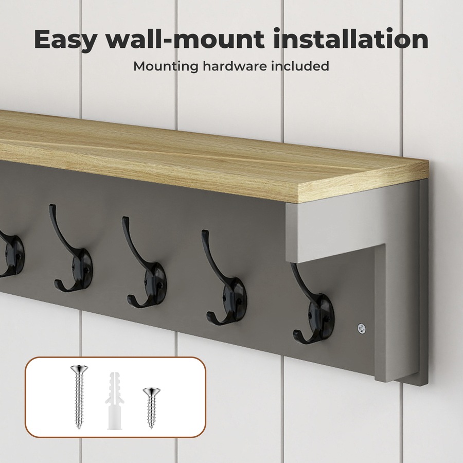 Levede Coat Rack Wall Mounted Shelf 7 Double Hooks Storage Entryway Hallway Grey