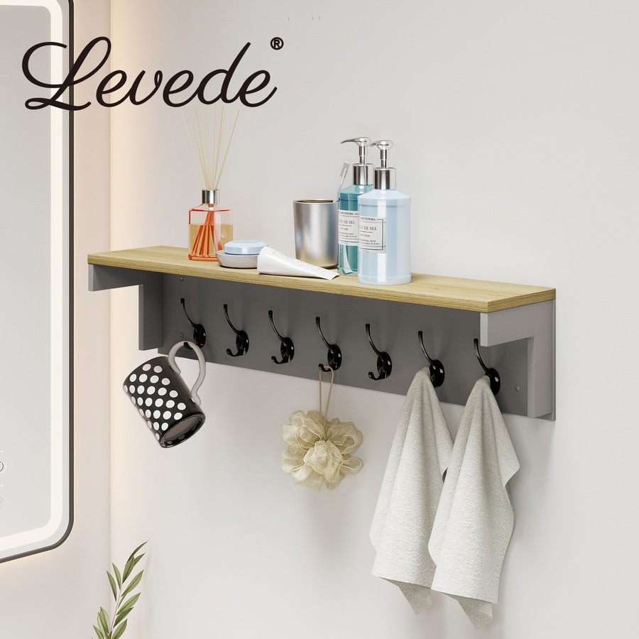 Levede Coat Rack Wall Mounted Shelf 7 Double Hooks Storage Entryway Hallway Grey
