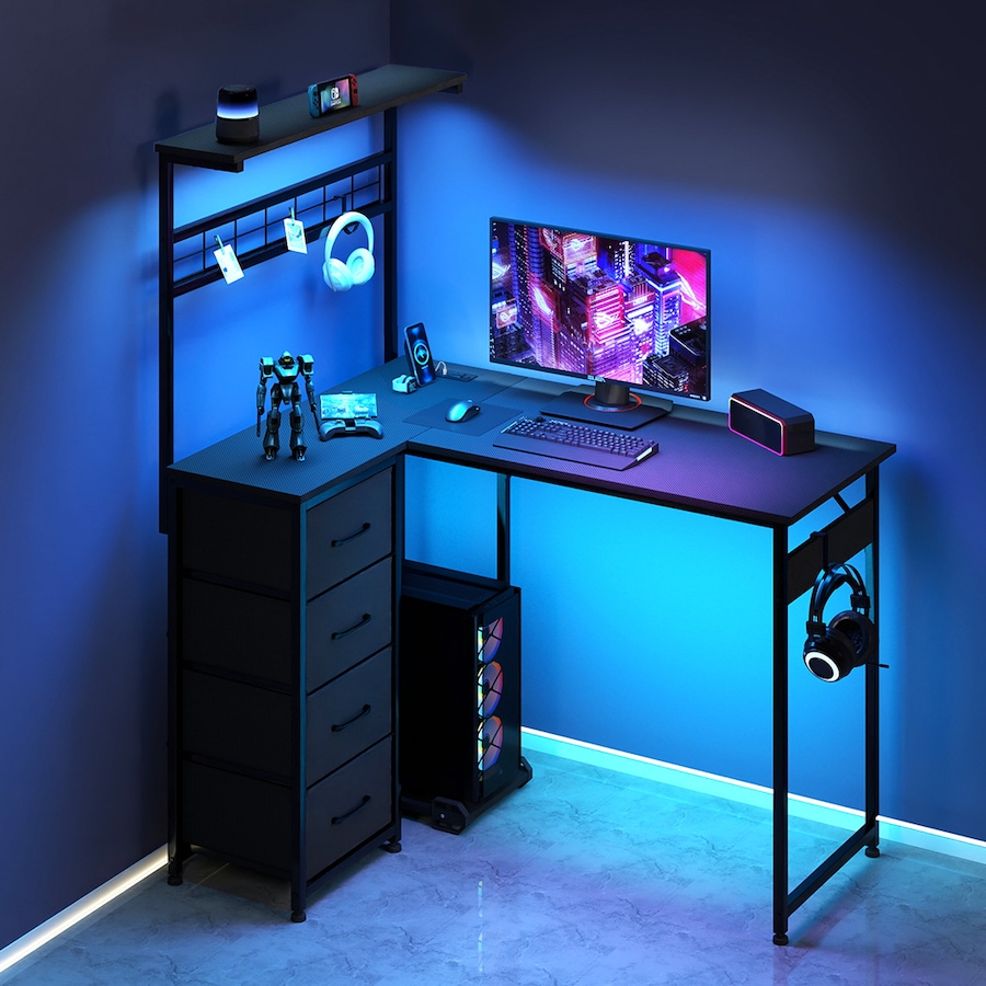 110x80cm L Shaped Computer Desk with LED Lights & Power Outlets & Drawers