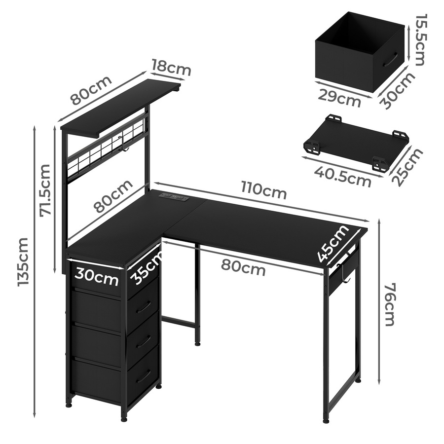 110x80cm L Shaped Computer Desk with LED Lights & Power Outlets & Drawers