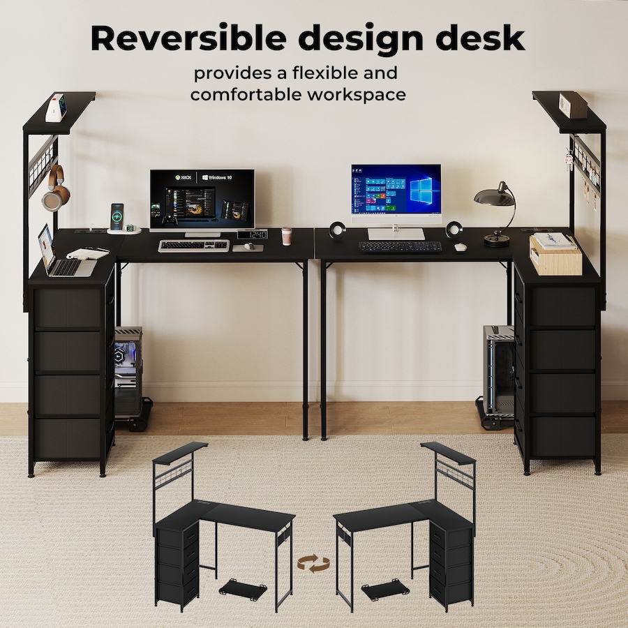 110x80cm L Shaped Computer Desk with LED Lights & Power Outlets & Drawers