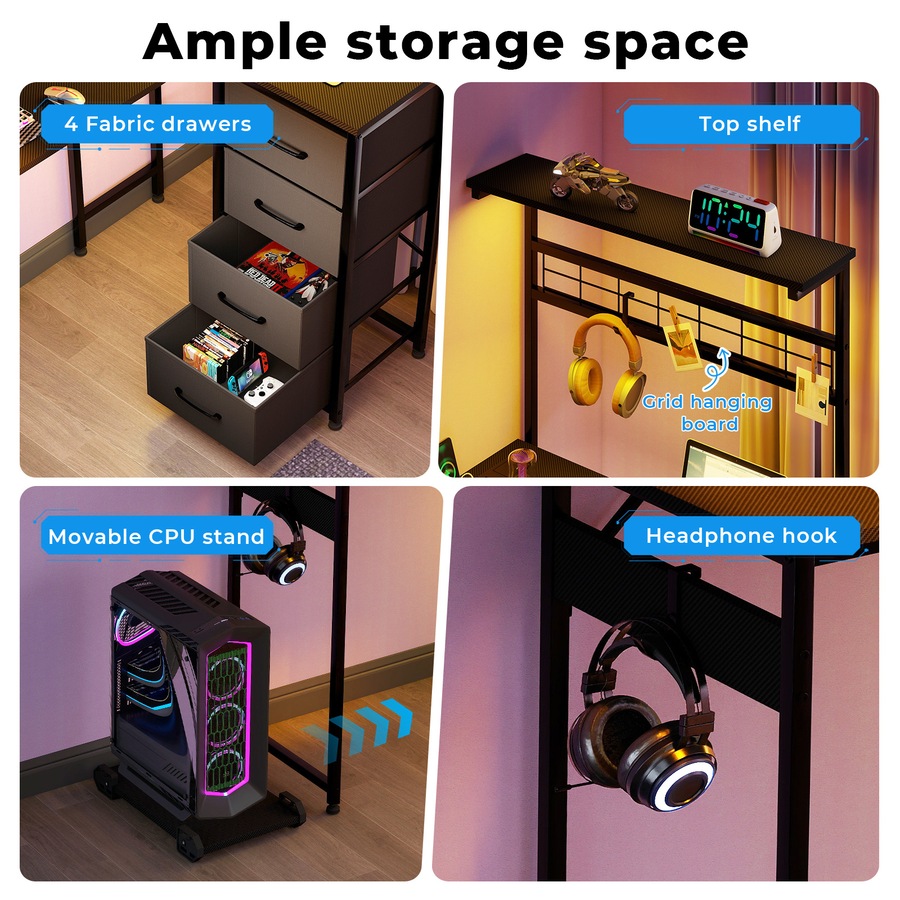 110x80cm L Shaped Computer Desk with LED Lights & Power Outlets & Drawers