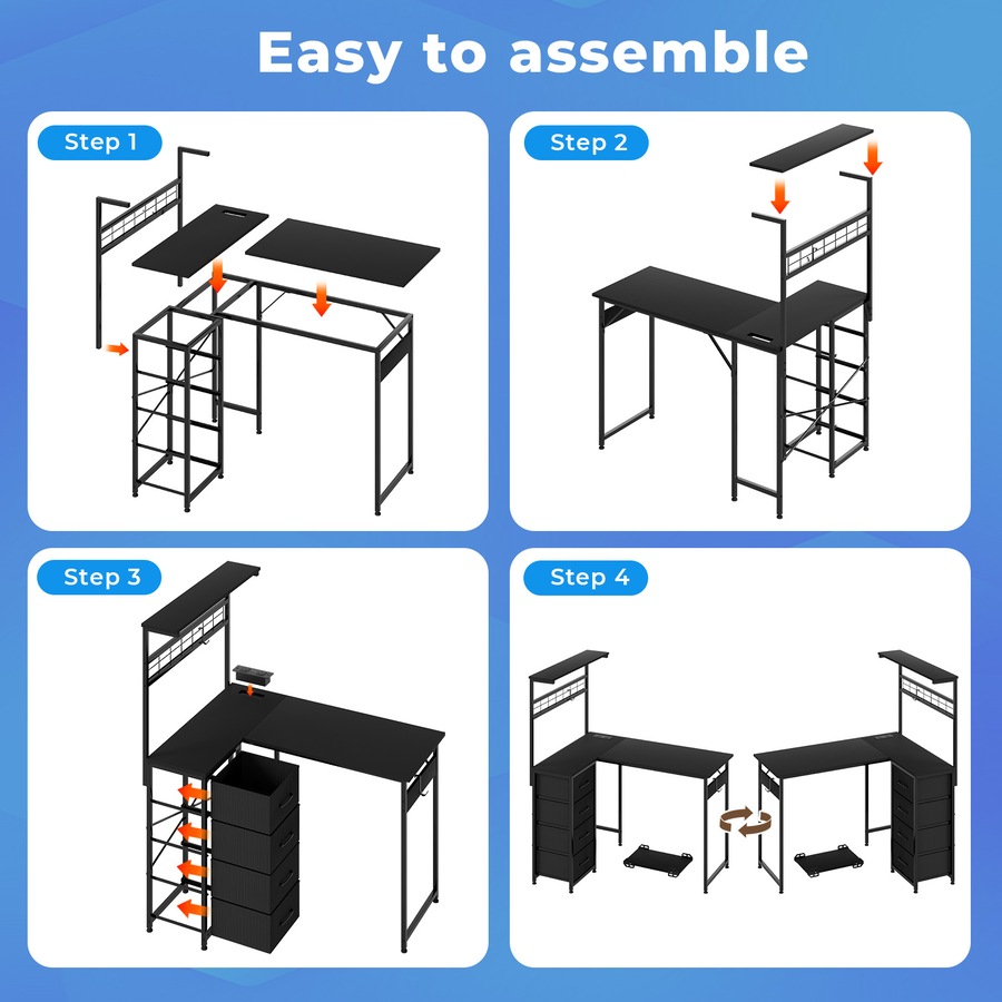 110x80cm L Shaped Computer Desk with LED Lights & Power Outlets & Drawers
