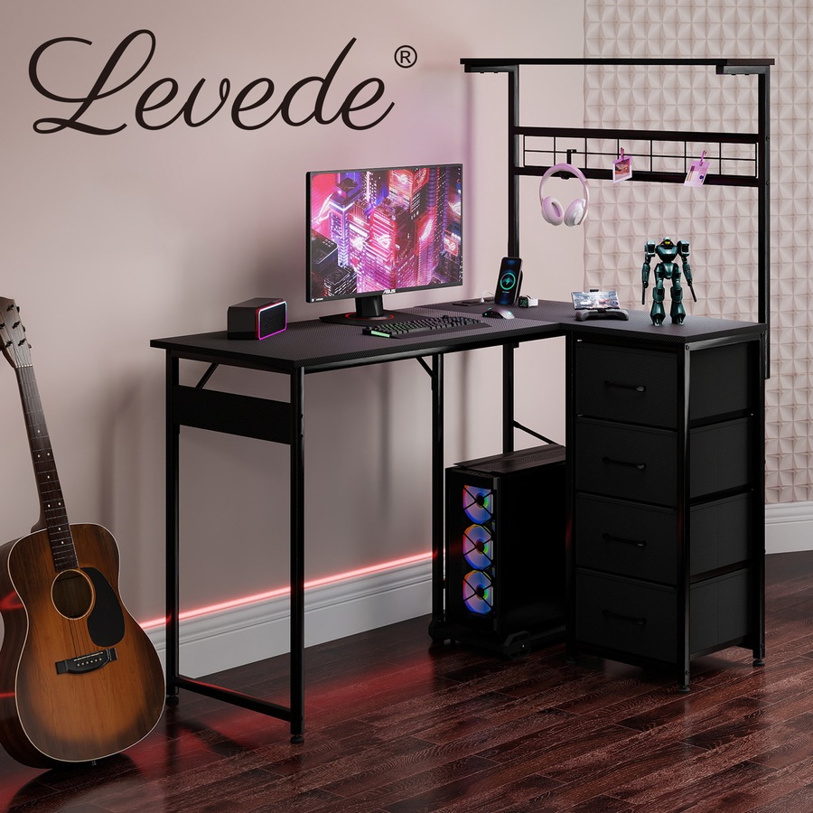 110x80cm L Shaped Computer Desk with LED Lights & Power Outlets & Drawers