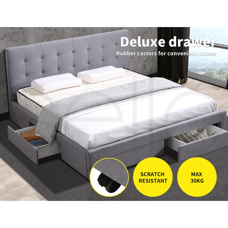 Levede Fabric Bed Frame Base Storage Drawers Mattress Platform Queen