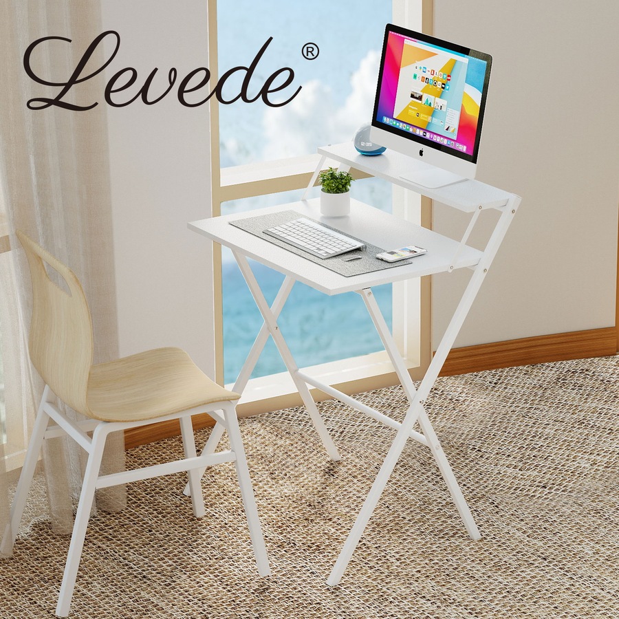Levede Foldable Computer Desk with Monitor Shelf - White