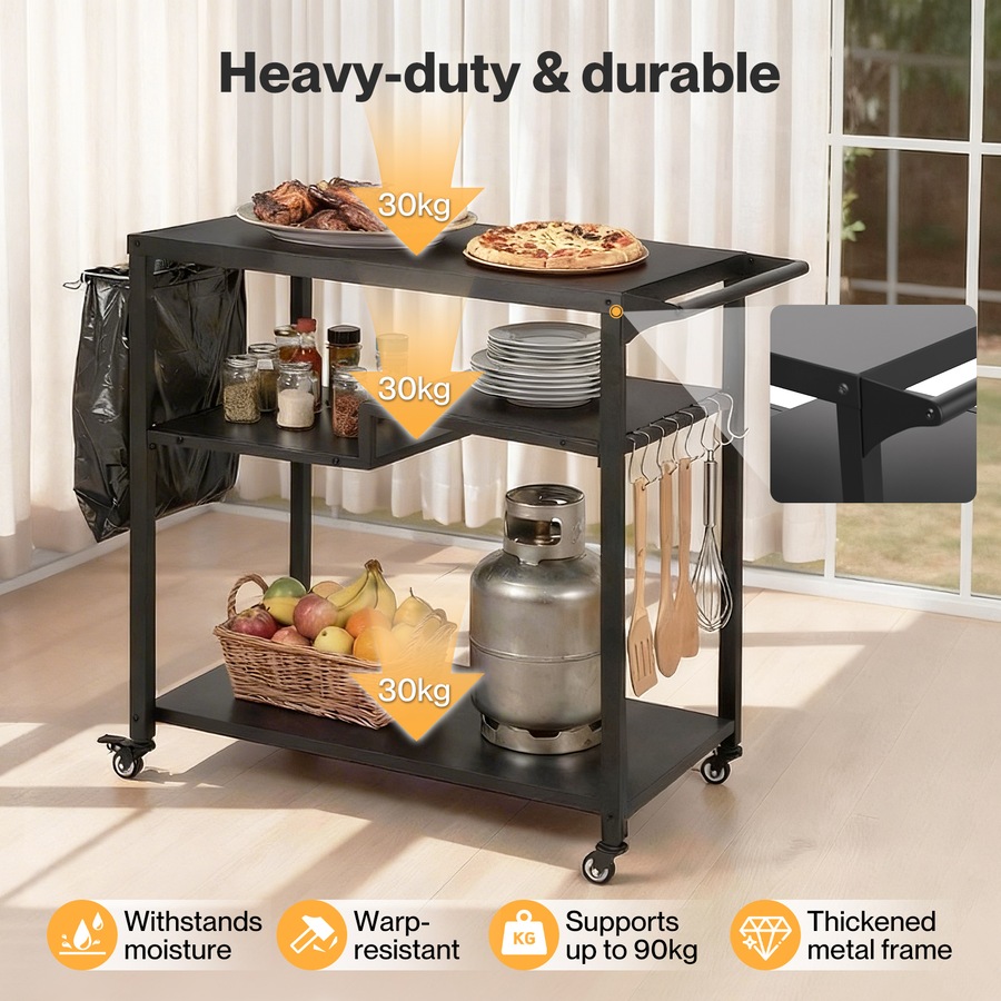 Levede Outdoor Kitchen Cart 3 Tier BBQ Grill Cart Mobile Patio Serving Trolley
