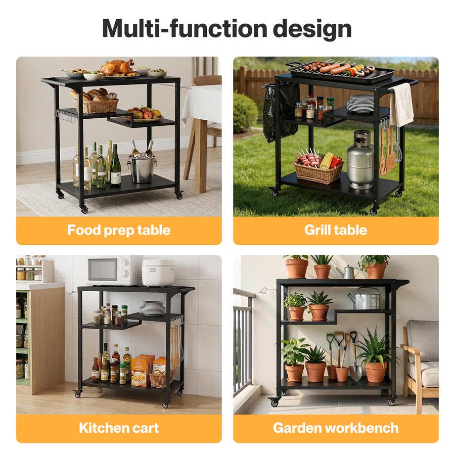Levede Outdoor Kitchen Cart 3 Tier BBQ Grill Cart Mobile Patio Serving Trolley