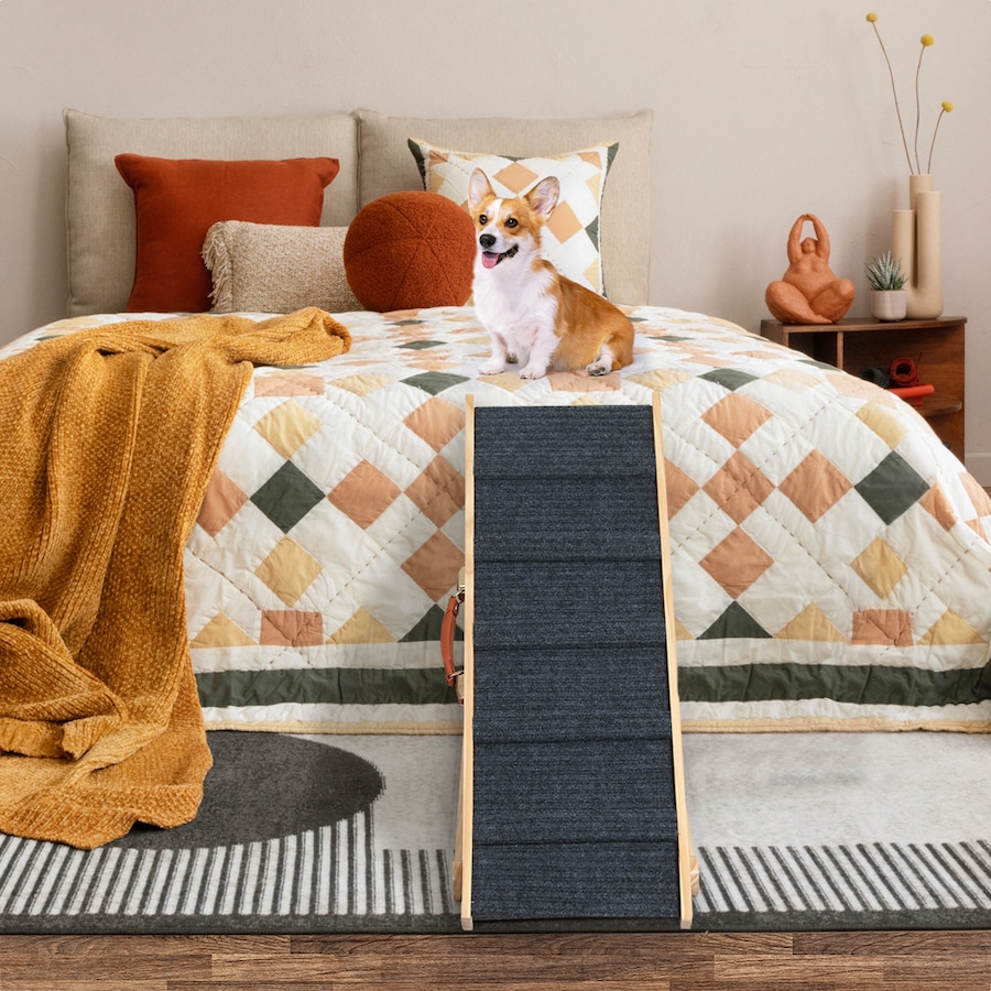 PaWz 100cm Adjustable Pet Ramp 5-Level Folding Dog Ramp w/ Non-Slip Carpet PU Handle 90kg Capacity Natural Wooden Finish