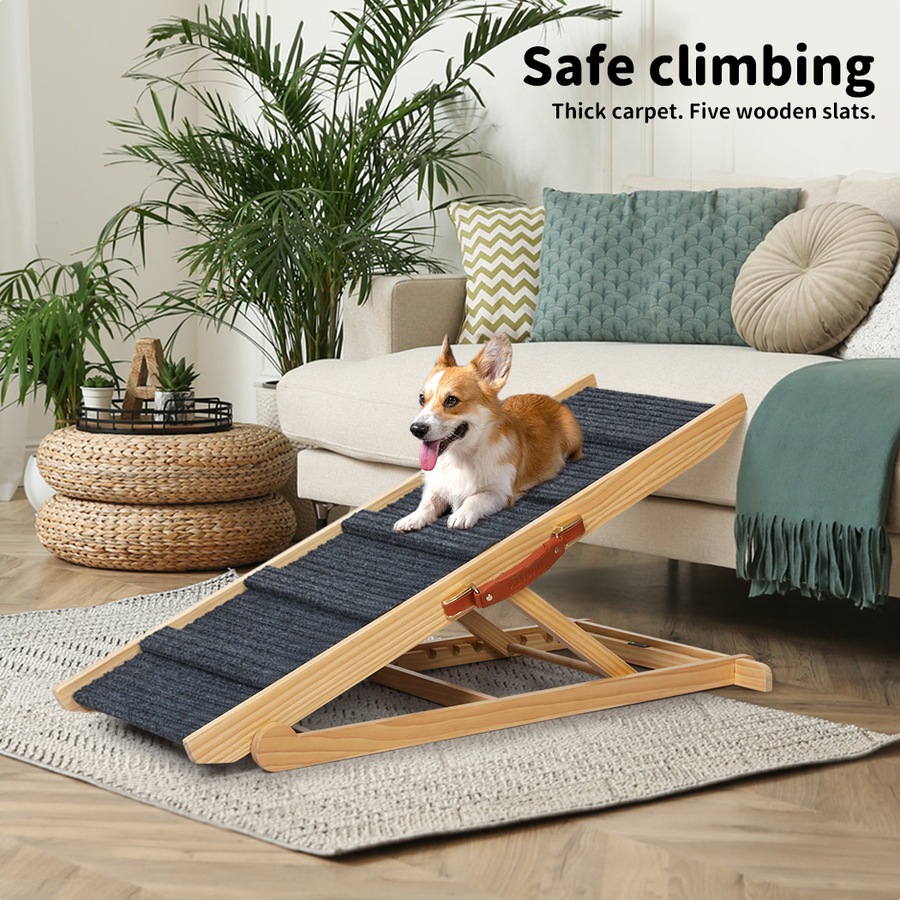 PaWz 100cm Adjustable Pet Ramp 5-Level Folding Dog Ramp w/ Non-Slip Carpet PU Handle 90kg Capacity Natural Wooden Finish
