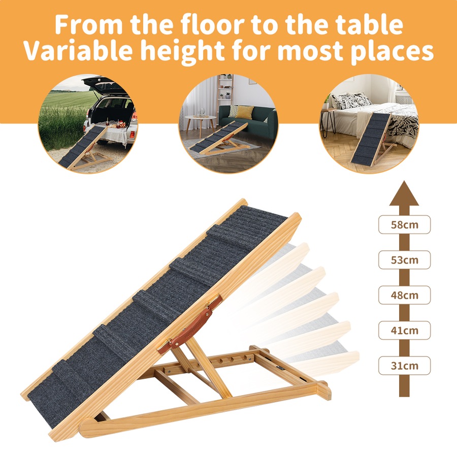 PaWz 100cm Adjustable Pet Ramp 5-Level Folding Dog Ramp w/ Non-Slip Carpet PU Handle 90kg Capacity Natural Wooden Finish