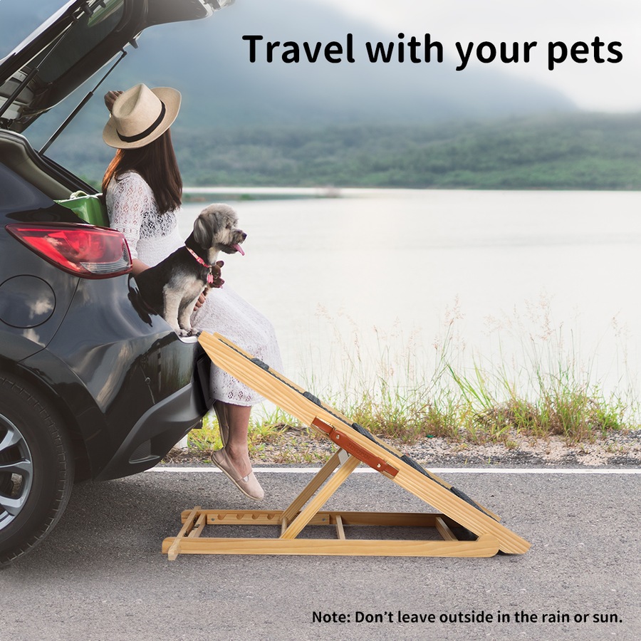 PaWz 100cm Adjustable Pet Ramp 5-Level Folding Dog Ramp w/ Non-Slip Carpet PU Handle 90kg Capacity Natural Wooden Finish