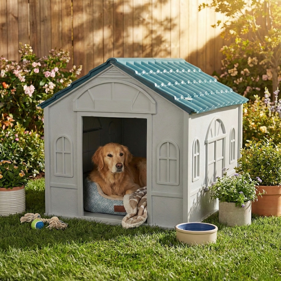 PaWz Dog Kennel House XL Outdoor Plastic Pet Cabin Waterproof - Blue
