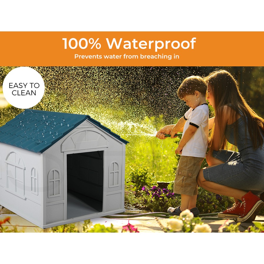 PaWz Dog Kennel House XL Outdoor Plastic Pet Cabin Waterproof - Blue