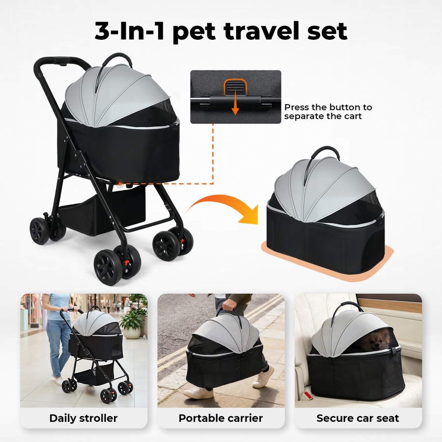 Pawz Pet Stroller 3 in1Dog Cat Pram Carrier Foldable Pushchair Outdoor 4 Wheels