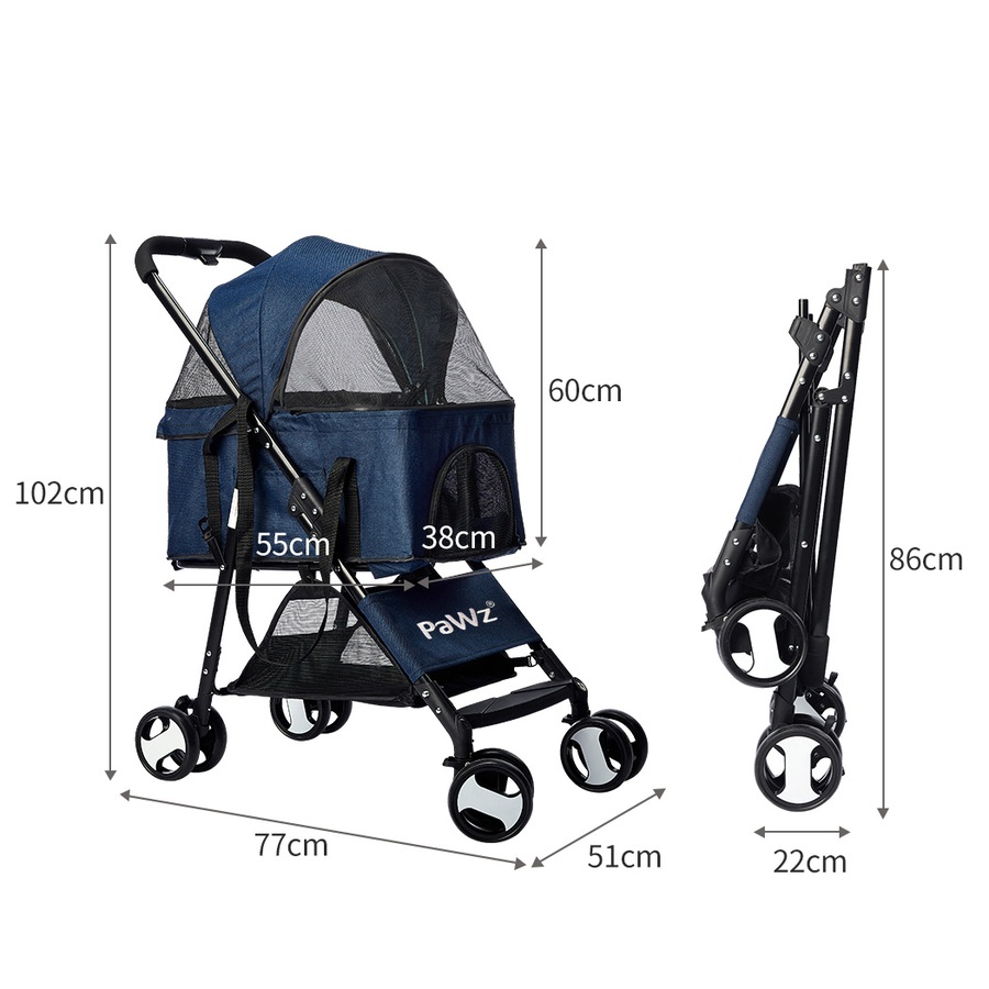 PaWz Large Pet Stroller Dog Cat Carrier Travel Pushchair Foldable Pram Navy