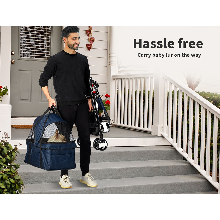 PaWz Large Pet Stroller Dog Cat Carrier Travel Pushchair Foldable Pram Navy