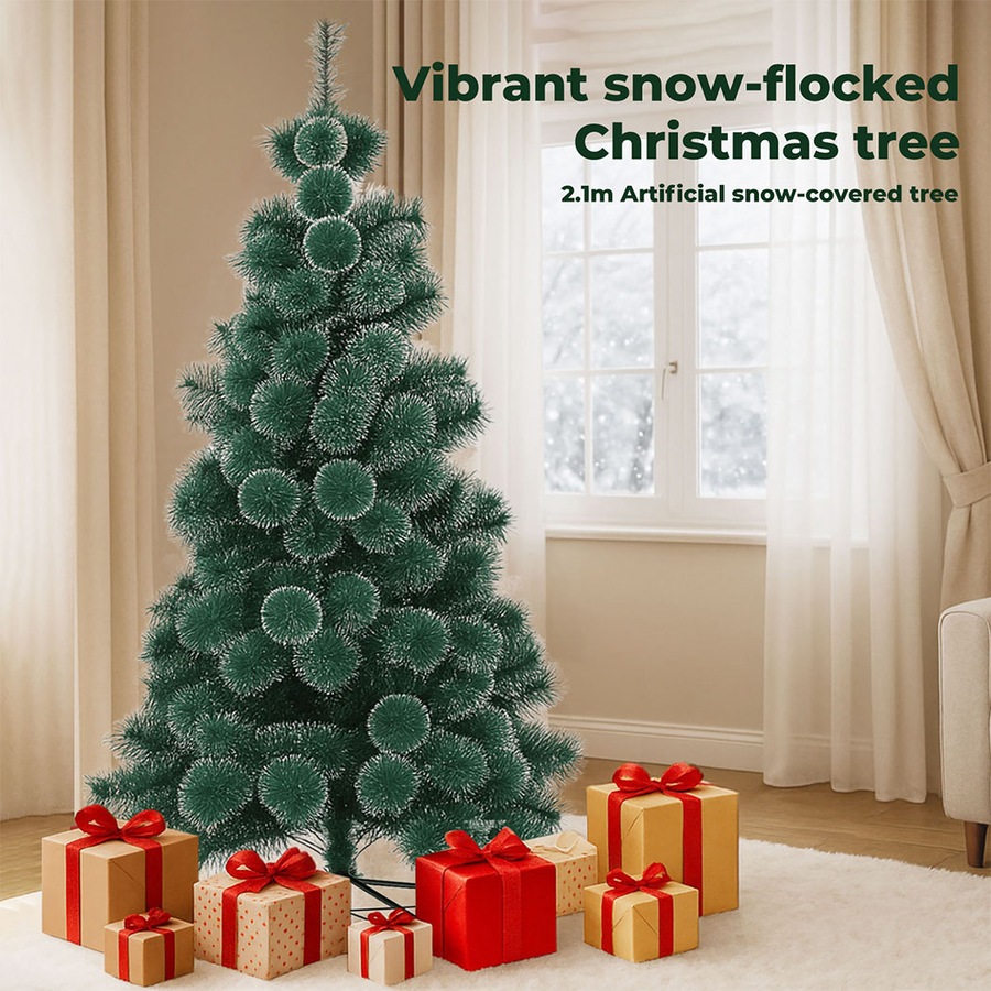 210cm Christmas Tree Santaco, 320 Tips, Full Pine Needle Snow Flocked Artificial