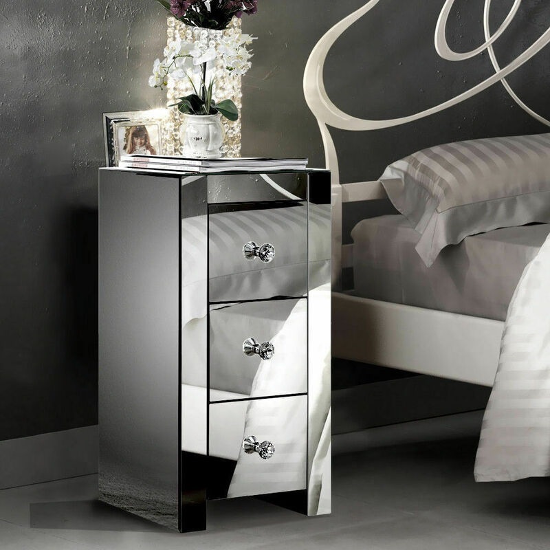 Levede Mirrored Bedside Tables Chest Nightstand Crystal Glass Table 3