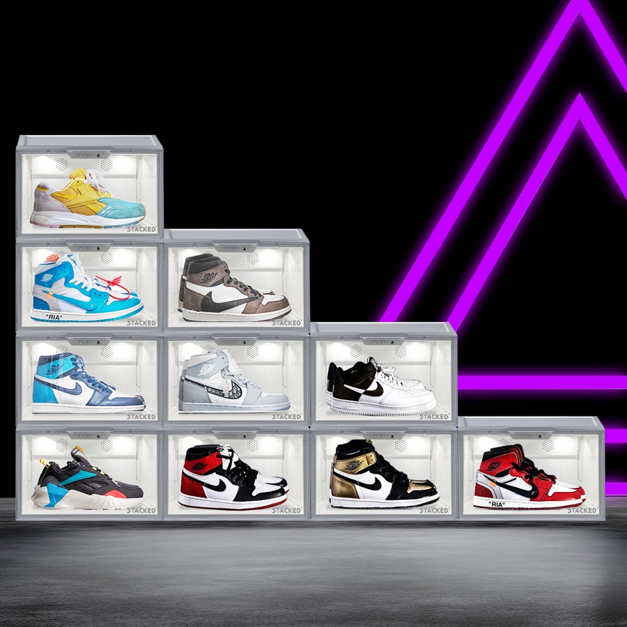 10Pcs Shoe Box Sneaker Display Case Storage Stackable w/ LED & Voice Activated - White