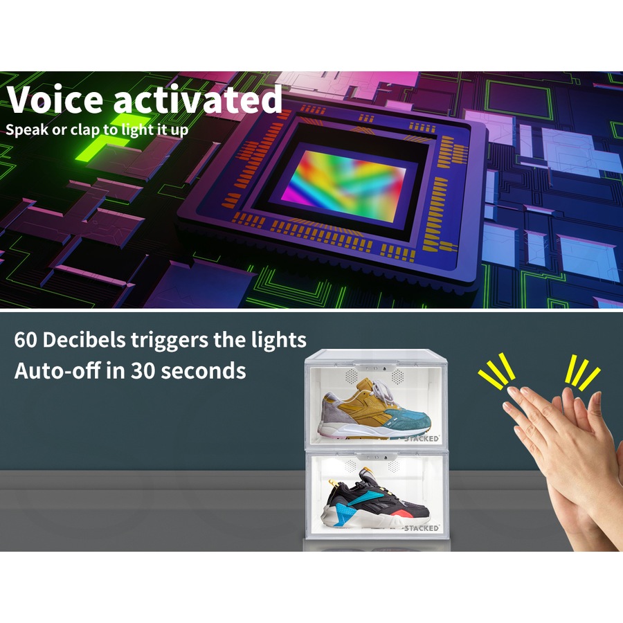 10Pcs Shoe Box Sneaker Display Case Storage Stackable w/ LED & Voice Activated - White