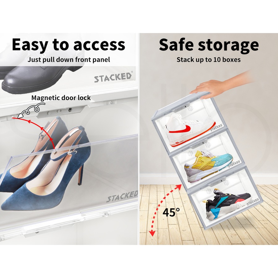 10Pcs Shoe Box Sneaker Display Case Storage Stackable w/ LED & Voice Activated - White