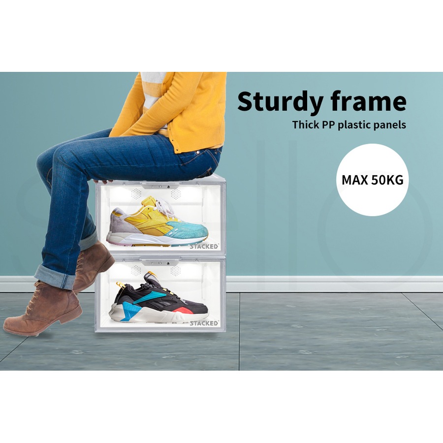 10Pcs Shoe Box Sneaker Display Case Storage Stackable w/ LED & Voice Activated - White