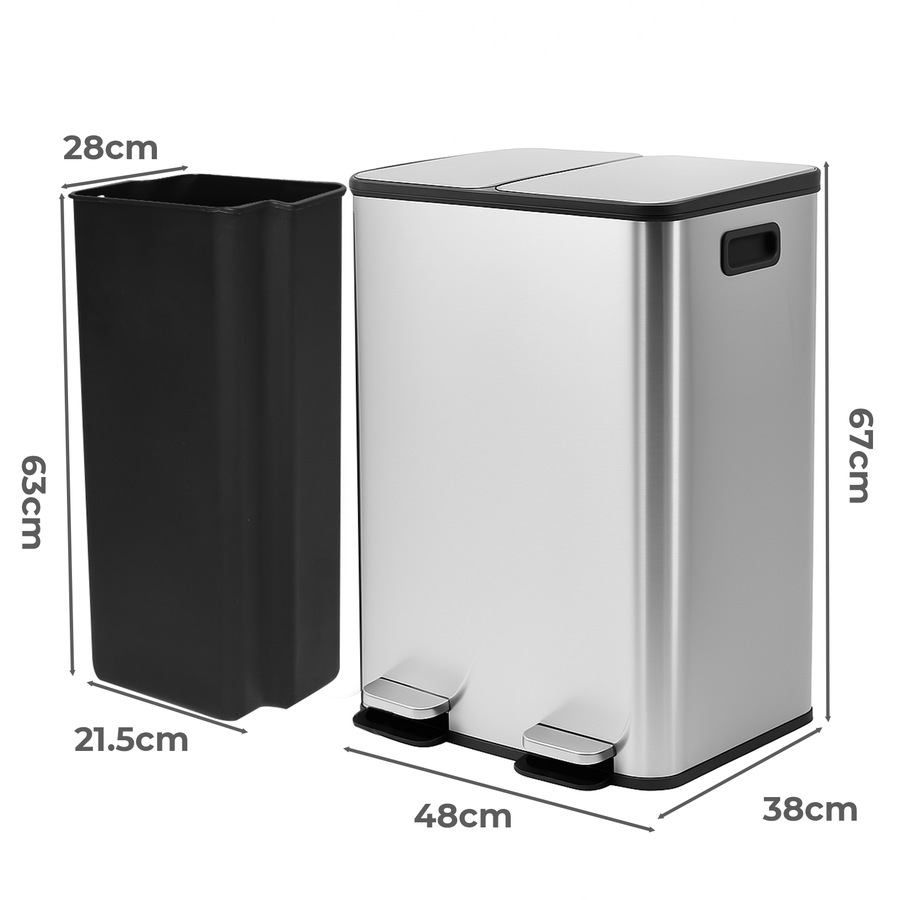 Toque 60L Pedal Bin Stainless Steel Kitchen Trash Waste Can Recycling Dustbin