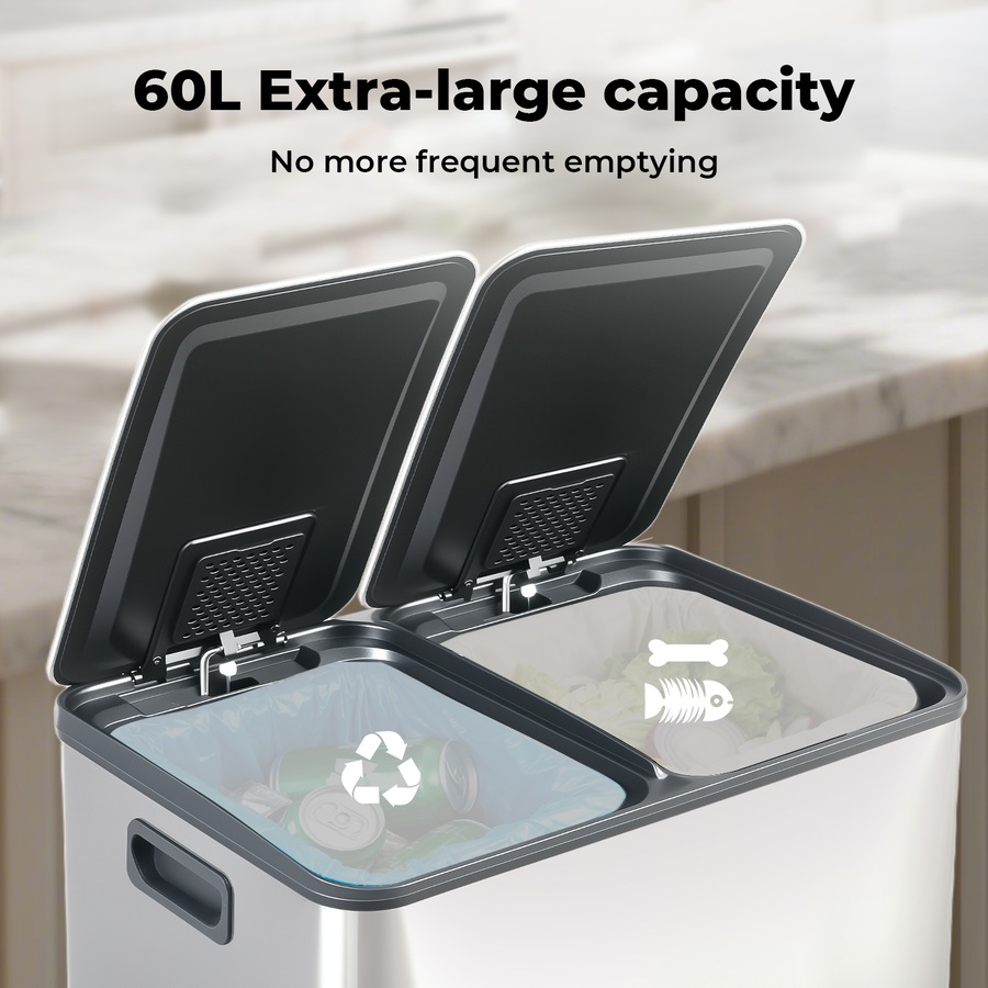 Toque 60L Pedal Bin Stainless Steel Kitchen Trash Waste Can Recycling Dustbin