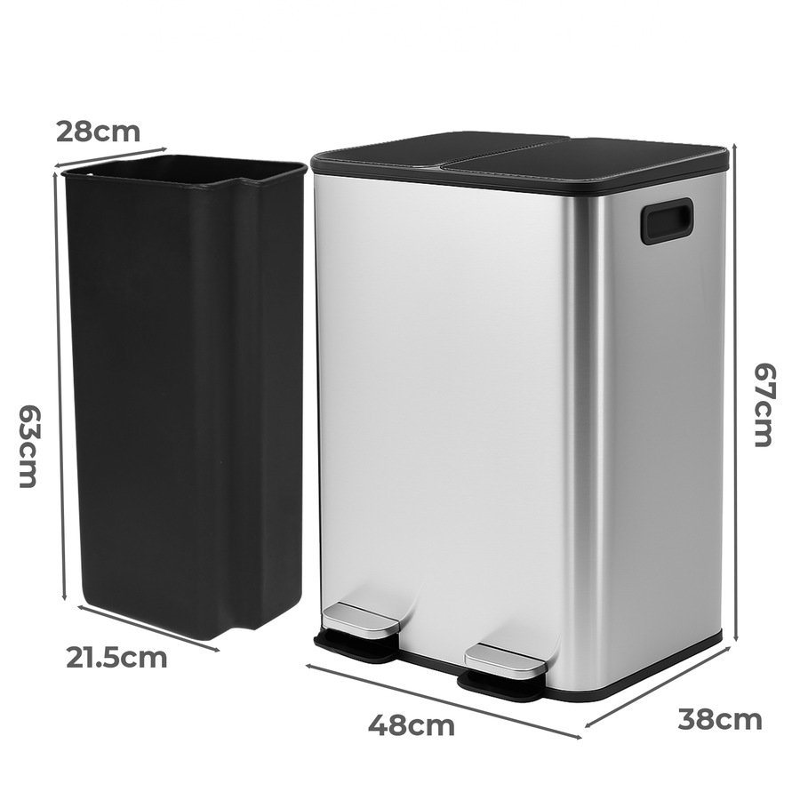Toque 60L Pedal Bin Stainless Steel Kitchen Trash Waste Can Recycling Dustbin