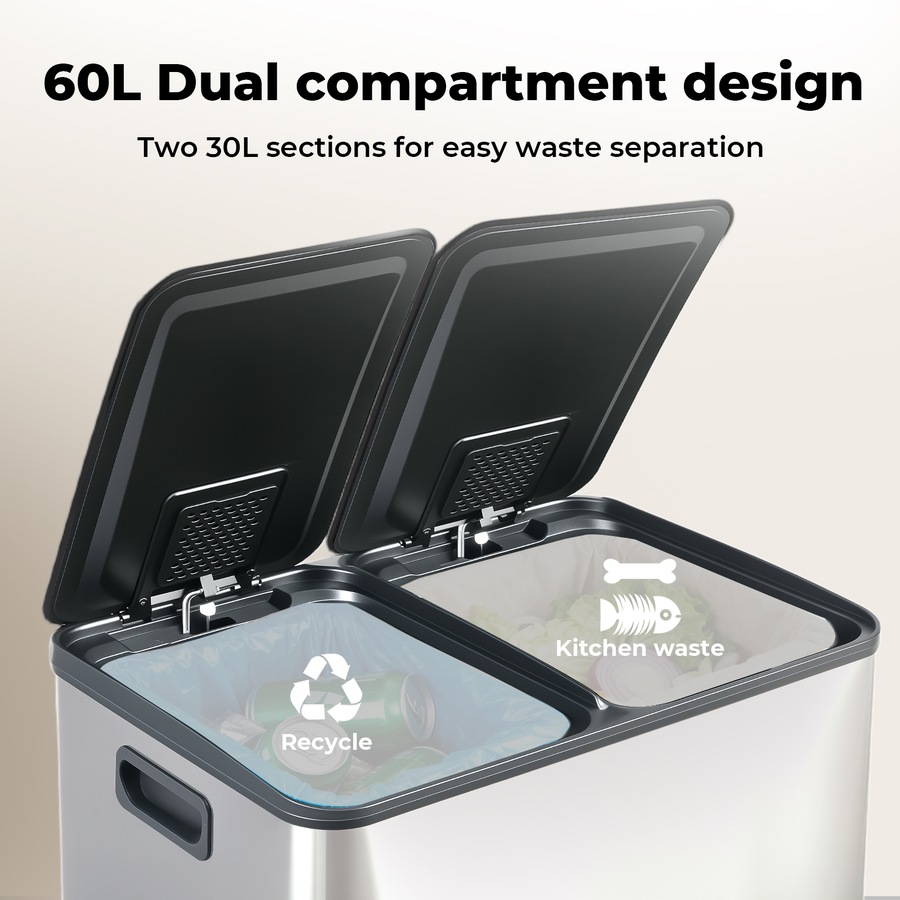 Toque 60L Pedal Bin Stainless Steel Kitchen Trash Waste Can Recycling Dustbin