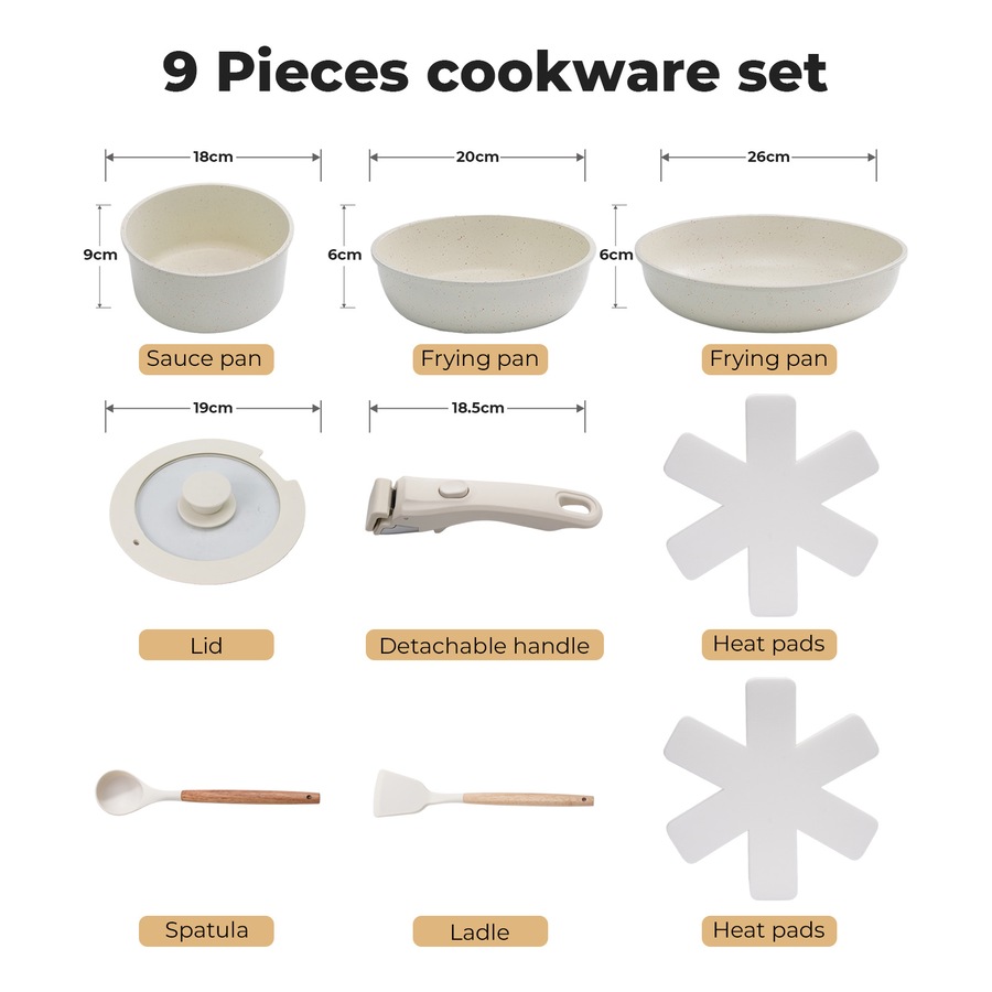 Toque 9-Piece Non Stick Cookware Set Kitchen Stackable Pots Fry Pan White