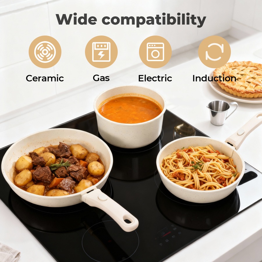 Toque 9-Piece Non Stick Cookware Set Kitchen Stackable Pots Fry Pan White